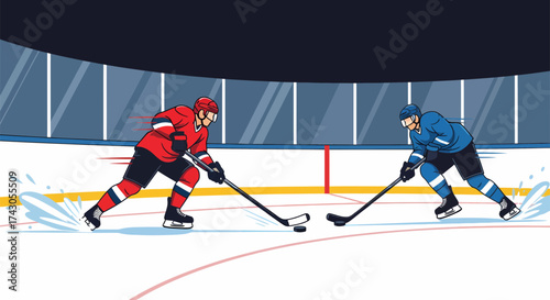 Hockey players in red and blue jerseys face off on the ice rink.