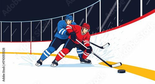 Intense Hockey Duel Red Jersey Player Battling Blue Jersey Defender for Puck Control.