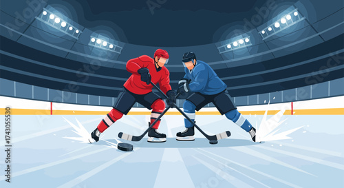 Intense Hockey FaceOff Red Versus Blue in a Packed Stadium Arena.