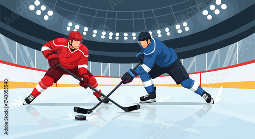 Two Hockey Players Battling for the Puck in a Dynamic Ice Arena Scene.