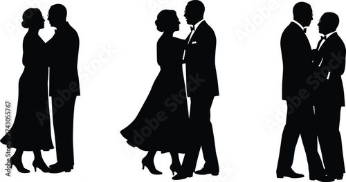 Elegant dancing couples silhouette, romantic ballroom dance poses, formal evening wear, love expression, vintage romance illustration, classic dance art, flat vector