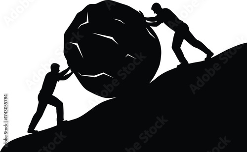 Teamwork pushing boulder up hill concept challenge illustration