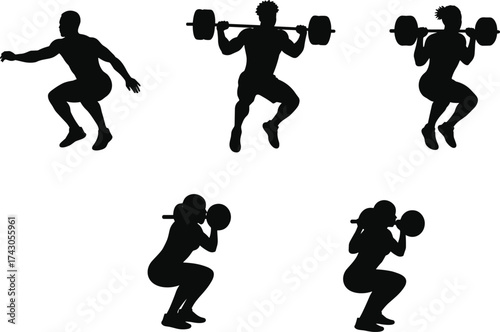 Fitness squat exercise silhouette, weightlifting training pose, gym workout illustration, strength training athlete, bodybuilding movement, active lifestyle concept, silhouette flat vector