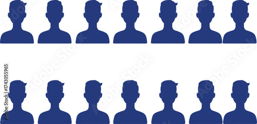 Profile avatar icons, blue silhouettes, digital identity symbols, headshot shapes, anonymous figures, vector design, flat style, minimal art, user representation, demographics