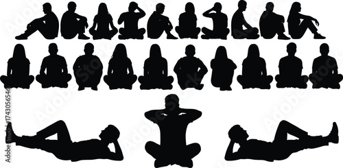 Seated silhouette, human posture, body language, cross-legged pose, relaxed position, ergonomic study, meditation concept, black figures, casual sitting, animation reference