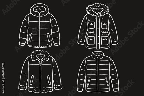 Doodle vector set of winter jackets and coats in various styles  