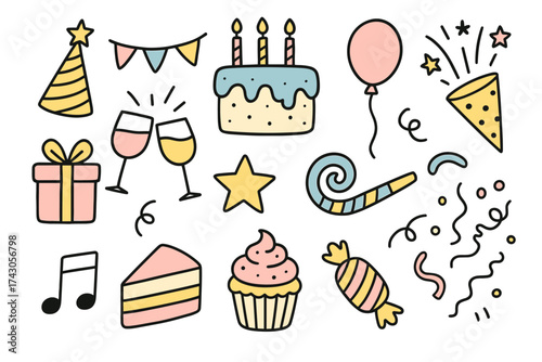 Celebration doodle vector set with party elements and decorations  