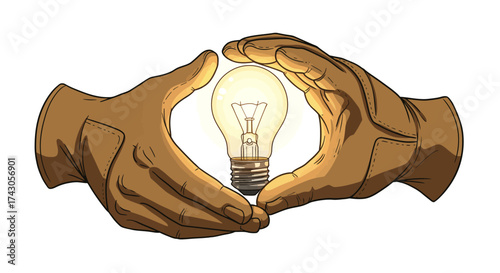 Hands in protective work gloves holding a brightly glowing light bulb, a concept for innovation, energy, and a brilliant idea
