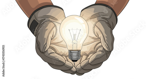 A brilliant idea, represented by a glowing light bulb, carefully cradled in strong, gloved hands, symbolizing innovation, creative solutions, and dedicated effort towards future progress