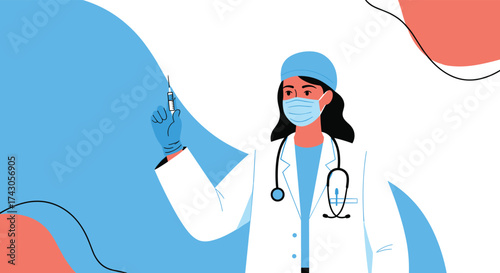 A doctor wearing a mask and gloves prepares a vaccine for a patient during a healthcare checkup.