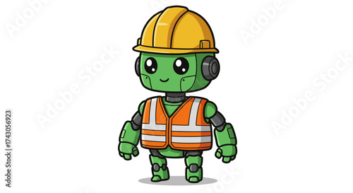 Cute green robot wearing a yellow hard hat and orange safety vest, symbolizing construction and industry
