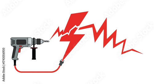 Powerful electric drill with a red power cord shaped like a lightning bolt, symbolizing energy, electricity, and potential hazard