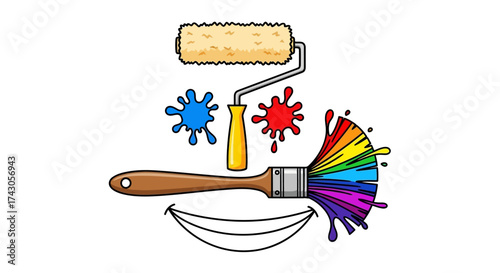 Creative artist concept featuring a cheerful smiling face composed of a paint roller, paintbrush, and colorful splatters