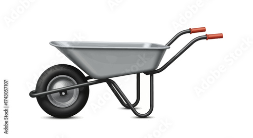 A gray wheelbarrow with a black tire and orange handles stands on a white background, symbolizing gardening and construction work