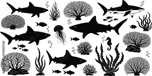 Silhouette illustration of sharks swimming with coral reefs, seaweed, jellyfish, and seahorse in underwater marine life scene, ocean ecosystem vector