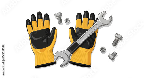 Construction Gear Wrench, Gloves, and Fasteners for Repair and Maintenance