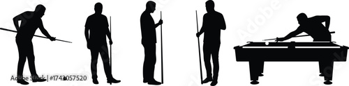 Silhouette of men playing billiards, professional pool players posing, snooker game illustration, cue sport design, indoor recreation concept art