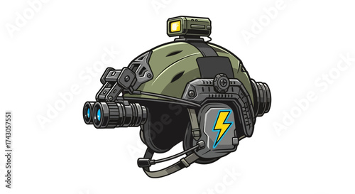 Advanced combat helmet with powerful night vision technology, depicted as a vector illustration with a lightning energy bolt icon