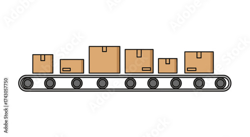 Conveyor belt carrying cardboard boxes Illustration of automated packaging and distribution process