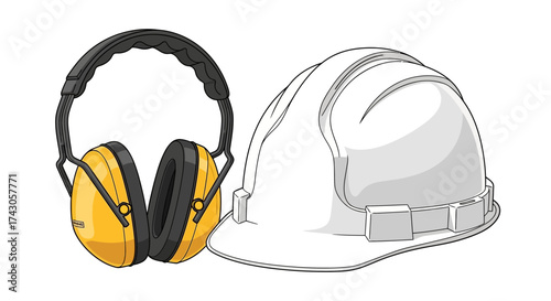 Essential personal protective equipment featuring a white hard hat and yellow ear defenders, vital for ensuring safety in construction and industrial work environments, promoting a secure workspace