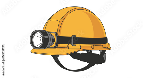 A vector illustration of a yellow industrial safety hard hat with an attached headlamp for construction or mining, isolated on a white background