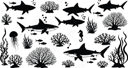 Silhouette illustration of sharks, coral reefs, seaweed, jellyfish, and seahorse underwater marine life scene, ocean ecosystem, aquatic wildlife design, vector art