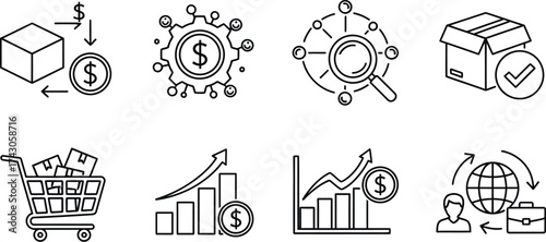 E commerce logistics and global business strategy line icons