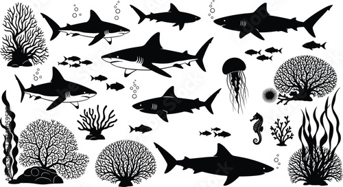 Underwater silhouette illustration, sharks, jellyfish, coral reef, marine life, ocean animals, seaweed, seahorse, bubbles, fish group, black background, vector