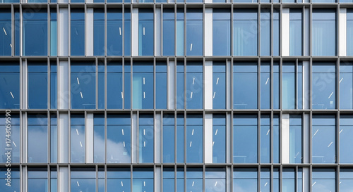 A modern building facade with a grid of windows reflecting the sky, showcasing contemporary architectural design and urban landscape