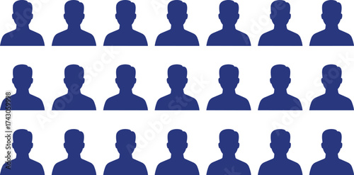 PrintUser profile icons, anonymous avatars, blue silhouettes, demographic symbols, digital identity, vector design, headshot shapes, social data, flat style, minimal art