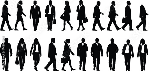 Business professional silhouette icon set with walking and standing poses, vector illustration for career themes, office design, workplace diversity, and motion studies