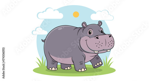 A cartoon hippopotamus walking happily in a sunny meadow with clouds in the sky.