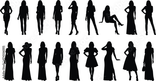 Women silhouettes, fashion poses, elegant dresses, casual outfits, walking stance, sitting posture, black icons, vector design, stylish shapes, female figures