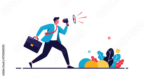 A man in a suit holding a megaphone while running with a briefcase and announcing something to the public.