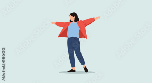 A person in casual clothing is posing with their arms spread wide open.