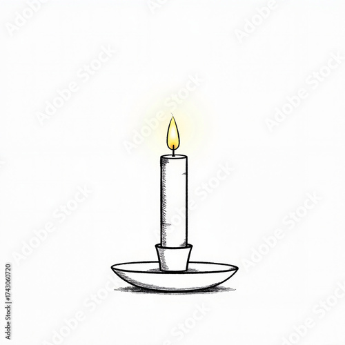Minimalist candle holder with lit candle on white background, simplicity