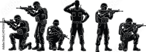 Military soldier silhouette icon set in tactical poses, black and white vector illustration for combat themes, defense design, training, and strategic visuals