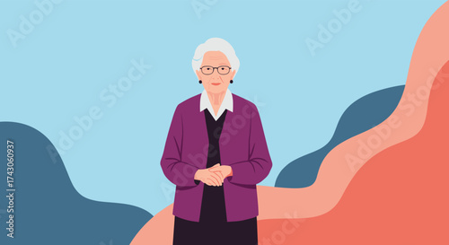 An elderly woman wearing glasses and a purple cardigan stands with her hands clasped in front of her with a colorful background.