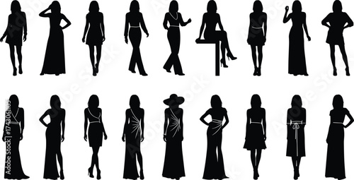 Women silhouettes, fashion poses, elegant dresses, casual outfits, walking stance, stylish posture, black icons, vector design, female shapes, dress styles