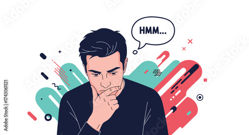 A pensive young man with a thoughtful expression considers a difficult question.