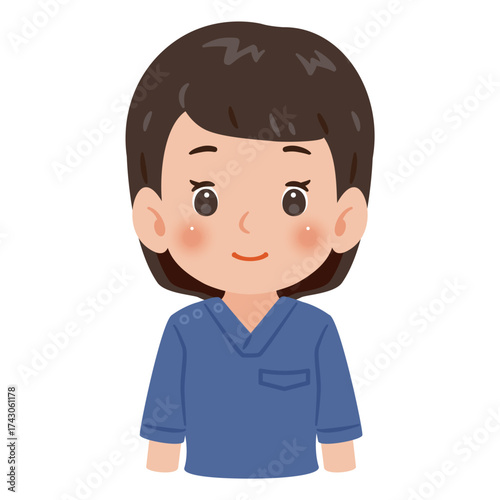青色のスクラブを着た女性　上半身イラスト／Woman wearing blue scrubs　upper body illustration