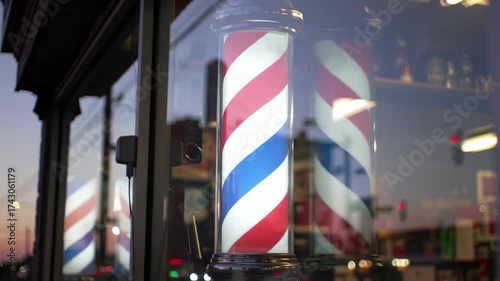 Reflective Barbershop Pole at Dusk