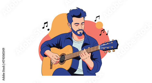 A musician playing an acoustic guitar with musical notes floating in the air around him.