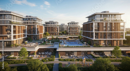 A residential complex with modern architecture, featuring multiple buildings, swimming pool, and lush landscaping, creating a luxurious and comfortable living environment
