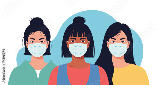 Three young women wearing face masks for protection against airborne particles and illness.