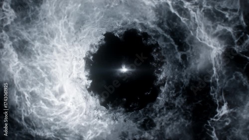 Bright cosmic scene with a dark scary cloud at the center, approaching a black hole in space, spiral interstellar object, journey into the multiverse, 4k,
