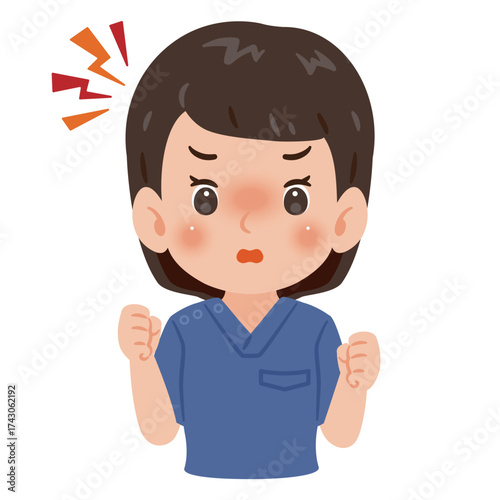 青色のスクラブを着た怒る女性　上半身イラスト／Angry woman wearing blue scrubs　upper body illustration