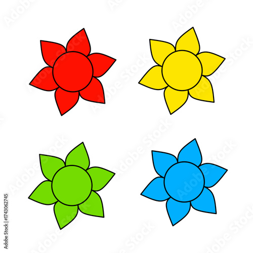 Vector Icons set of flat style flower illustrations in red, yellow, green, blue with black outline isolated on white background