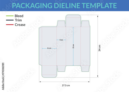 Blank packaging dieline template for box design and manufacturing with cut lines and fold marks