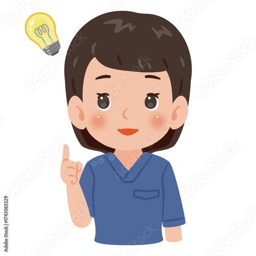 青色のスクラブを着た閃く女性　上半身イラスト／ Woman wearing blue scrubs having an idea　upper body illustration